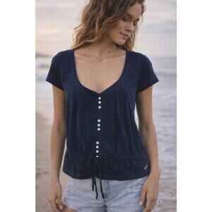 Hollister Navy Blue Button Front Top M Boho Peplum Cinch Waist Y2K Casual Preppy